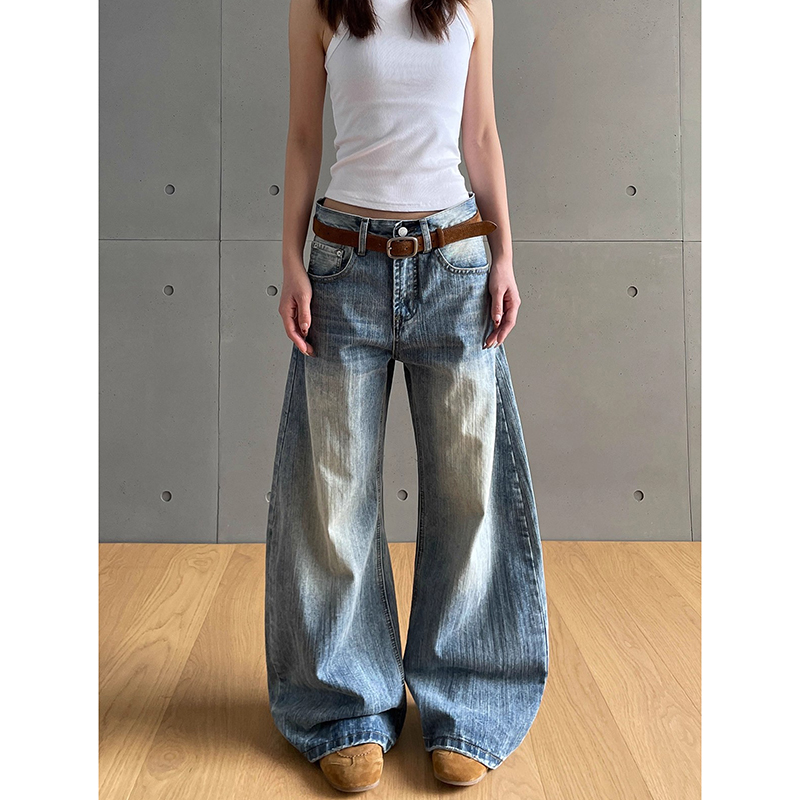 美式复古水洗弯刀牛仔裤女秋新款季设计感宽松百搭显瘦阔腿拖地裤