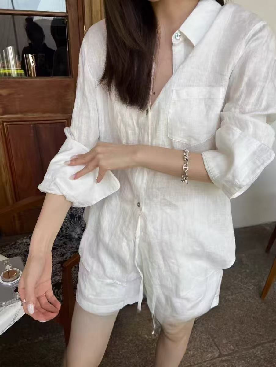 白色休闲套装女慵懒风松弛感100%亚麻防晒衬衫短裤两件套SS251330