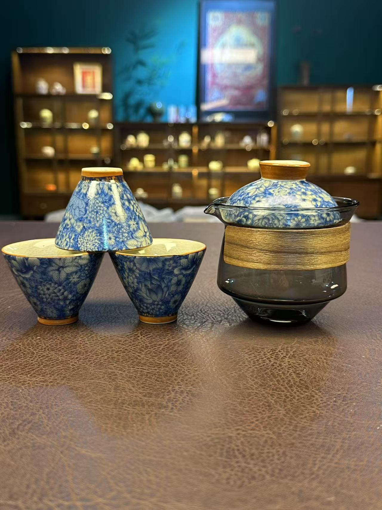 青花 玻璃公道 一壶三杯 旅行茶具