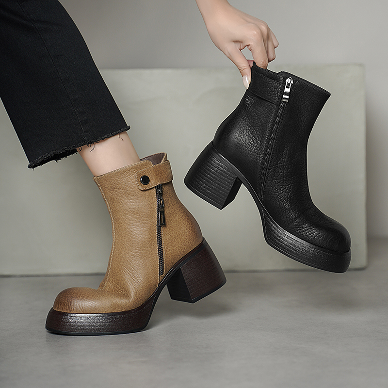 粗跟冬季圆头秋冬短靴牛皮瘦瘦靴靴子单靴时尚厚底