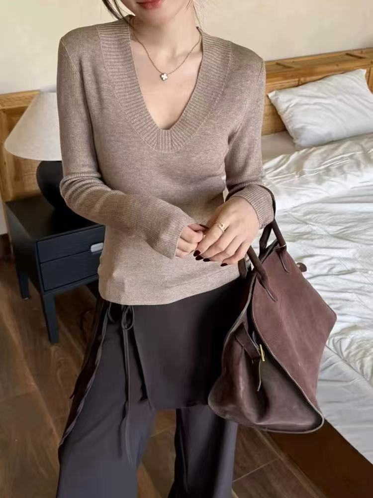 【FANFAN】韩系别致纯欲风V领V长袖针织衫修身显瘦打底衫秋冬纯色
