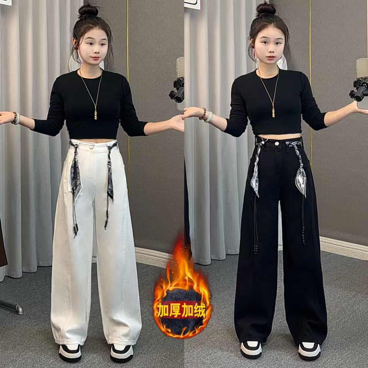 小个子加绒裤子阔腿牛仔裤女冬高腰显瘦宽松直筒裤垂感弯刀裤女款