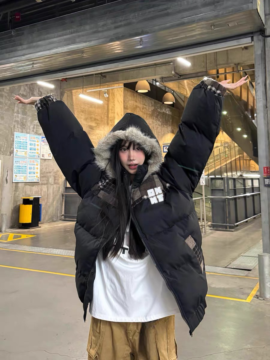 美式复古拼接格子大毛领可拆卸帽子冬季加厚保暖棉服外套