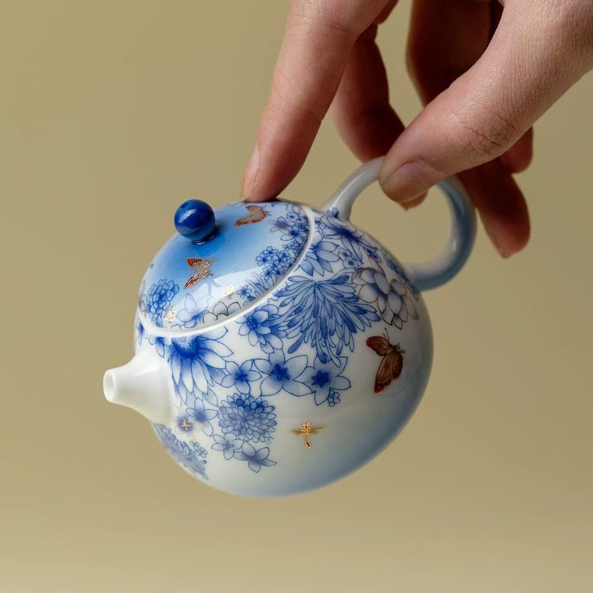伴斤好物 手工青花蝶恋花茶壶高端陶瓷描金泡茶器手工CZB0044