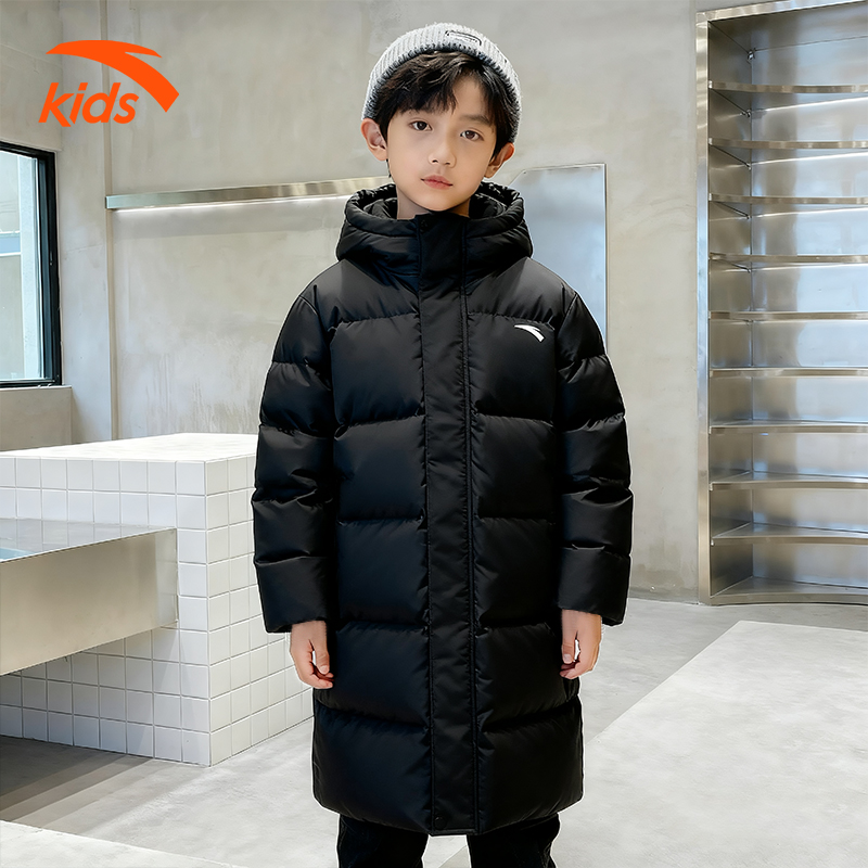 安踏儿童中长羽绒服2025年新款舒适加厚保暖防泼水连帽运动厚外套