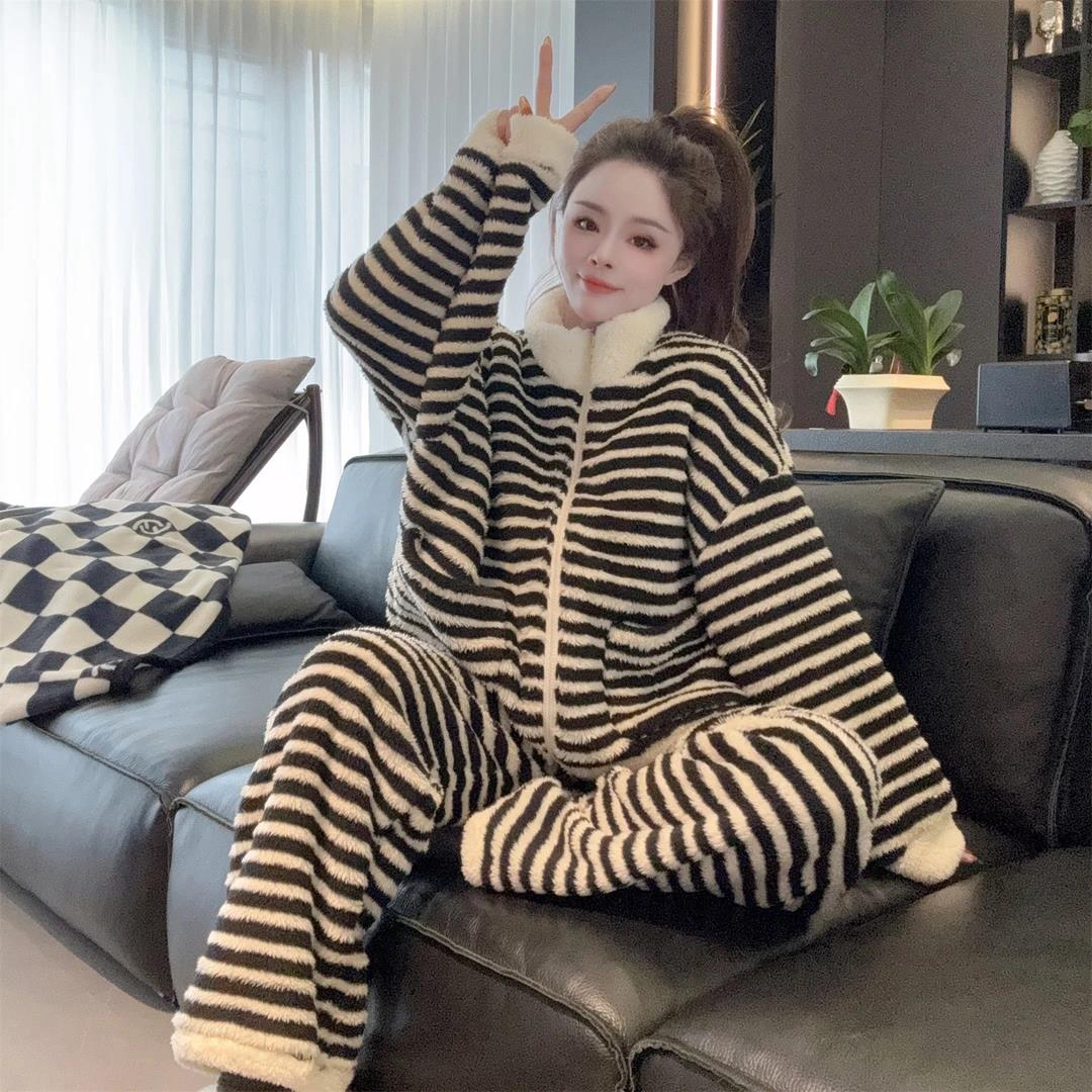 宽松条纹加厚秋冬少女慵懒风时尚网红韩版休闲加绒女冬季睡衣