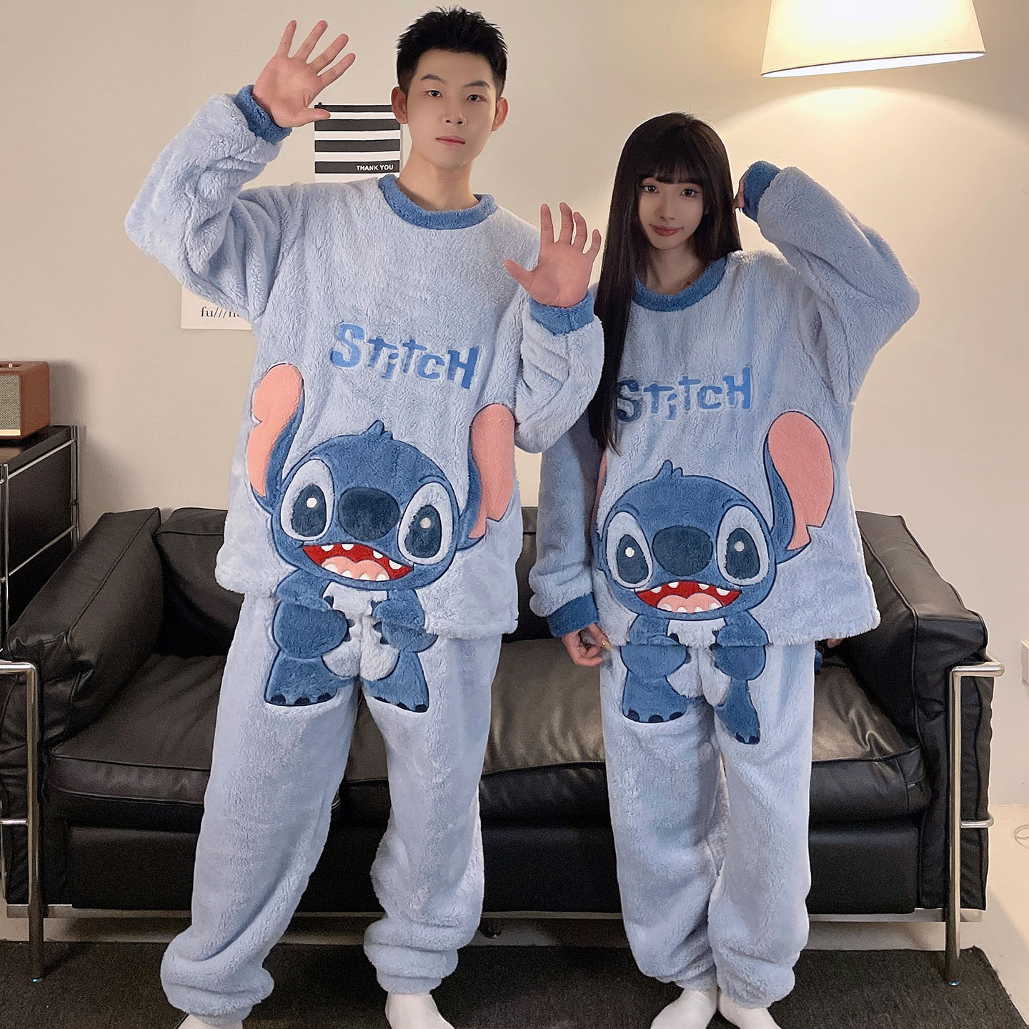 史迪仔秋冬季珊瑚绒情侣睡衣套装加绒加厚保暖大码一男一女家居服