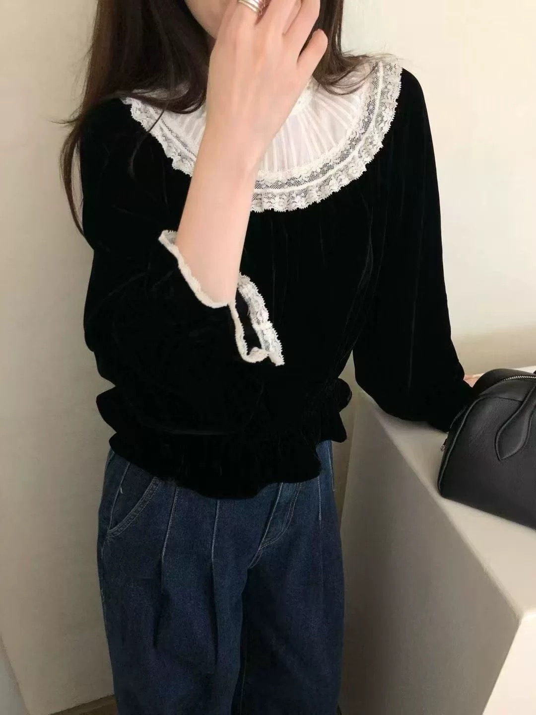 【钰姐精选】诺贝986-蕾丝复古收腰丝绒上衣气质长袖时尚法式百搭