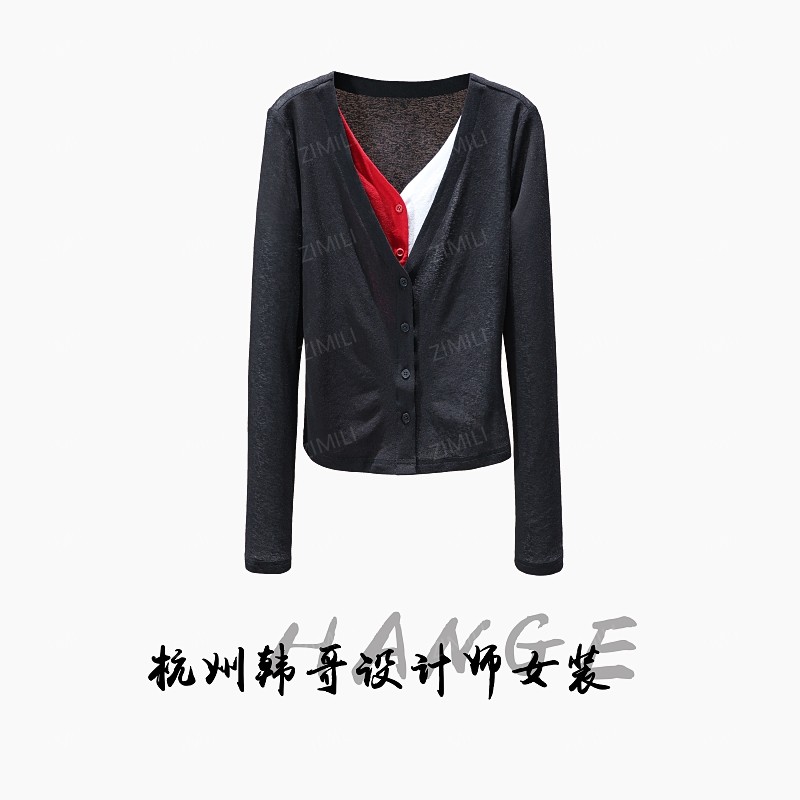 【韩哥女装】2025秋季高弹垂感面料暗夜黑V领撞色气质上衣9883-A2