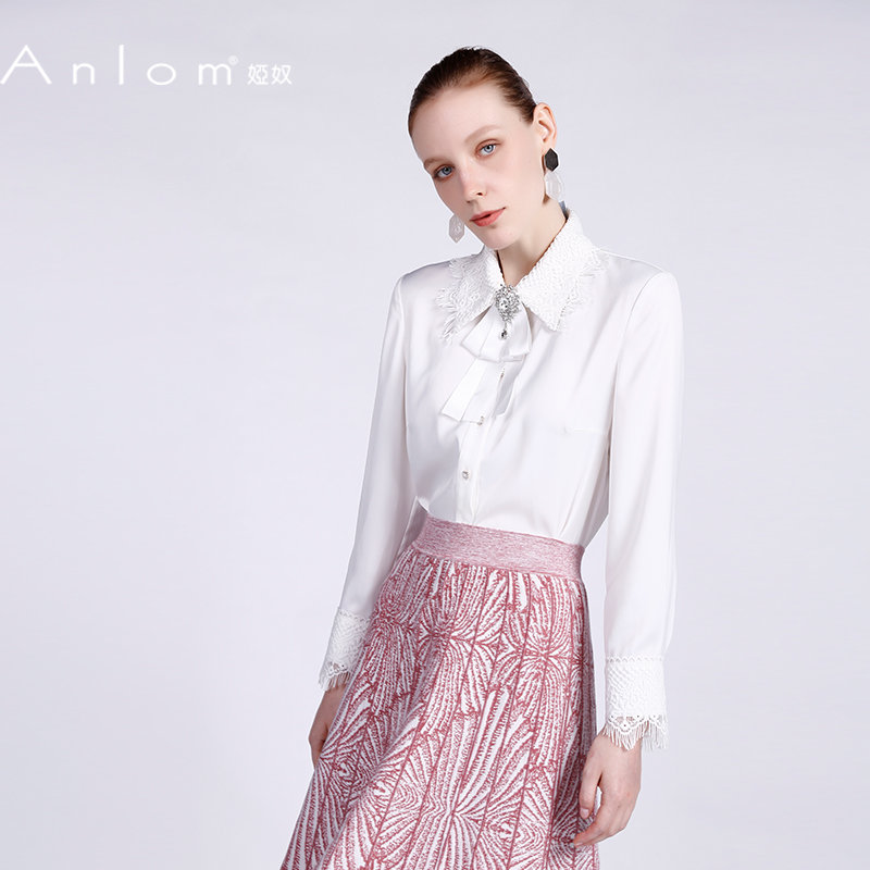 Anlom/娅奴秋季长袖新款polo领白色休闲聚酯纤维常规通勤打底上衣