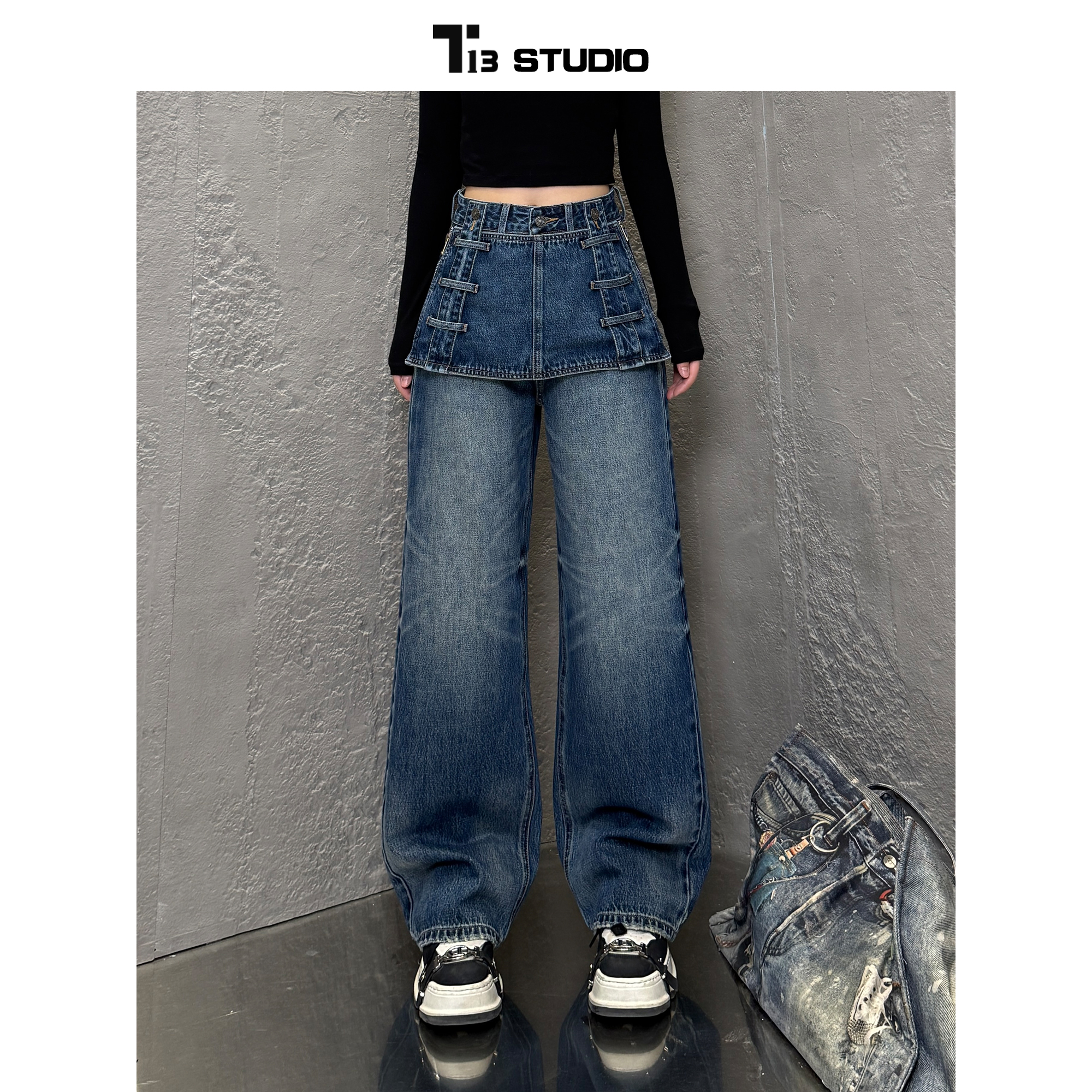 T13妮妮【TH1858】新款高腰阔腿A字版型牛仔裤女款