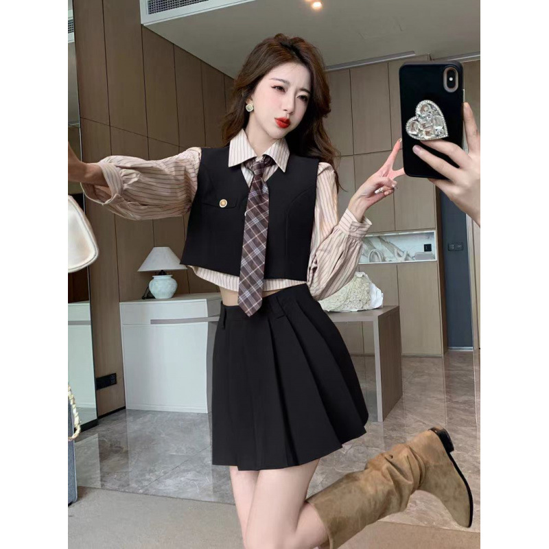 时尚复古气质女装显瘦长裙套装韩版宽松高腰百褶学生校服
