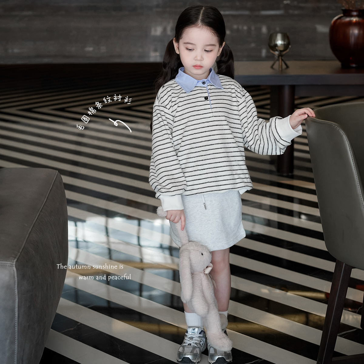 AnnieGirl秋季新款女童条纹polo衫卫衣上衣韩版长袖t恤2025秋款