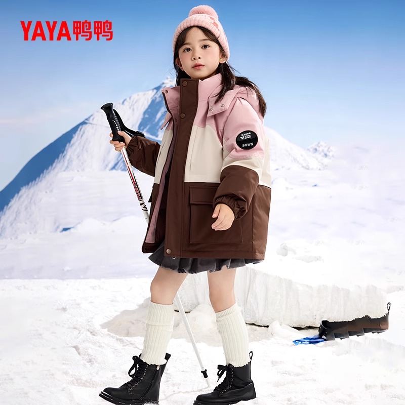 YAYA/鸭鸭儿童羽绒服冬季童装反季中大童拼色连帽加厚外套男女童