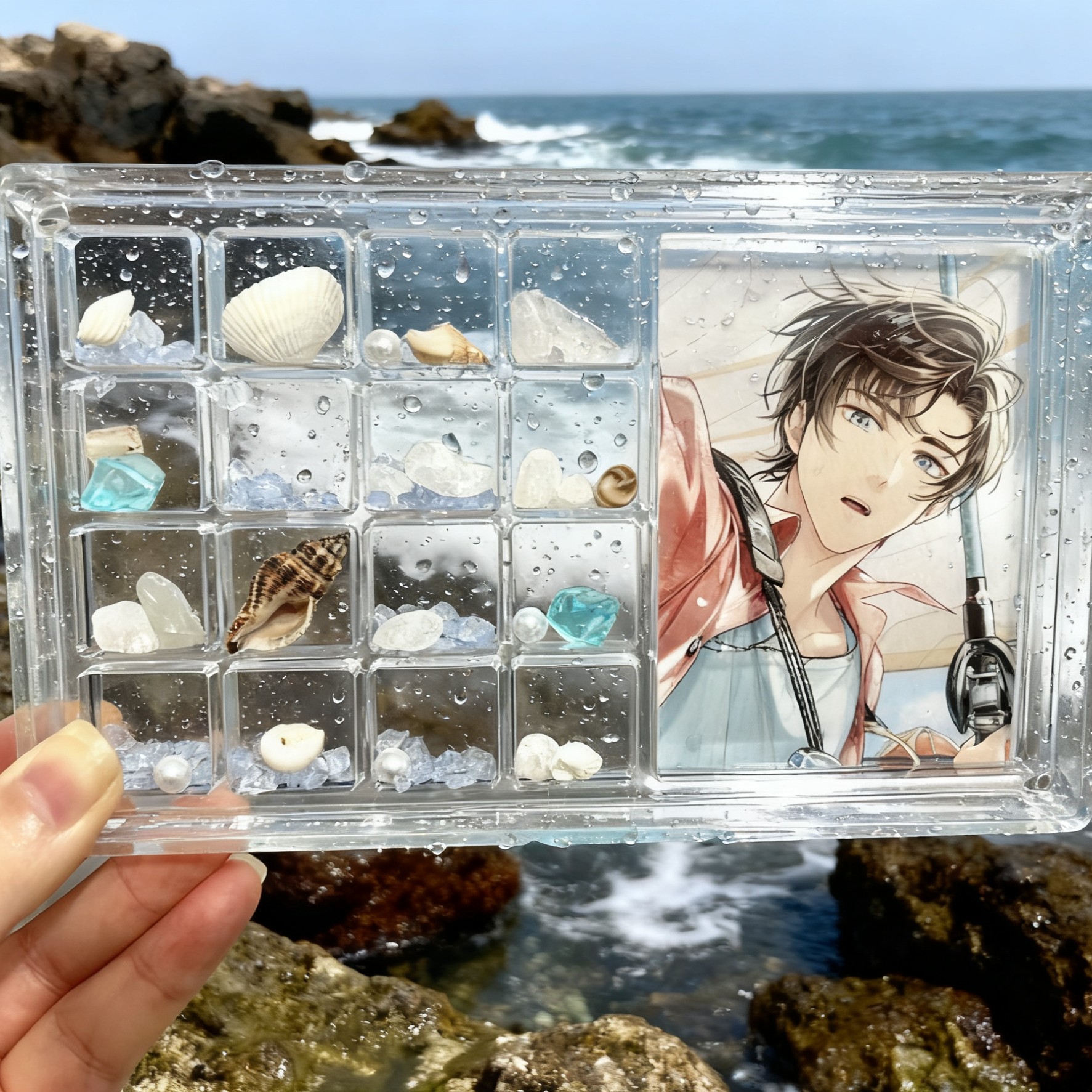 原创自制夏日海边拍照贝壳水晶碎石亚克力三寸相框ins风出片谷美