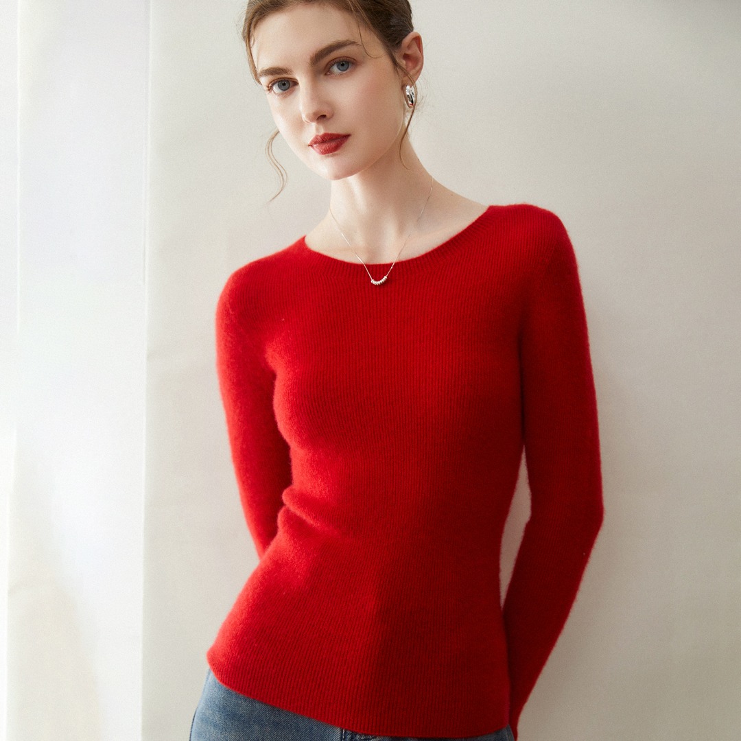 康赛妮一线成型100%纯山羊绒衫女圆领修身显瘦内搭针织毛衣打底衫