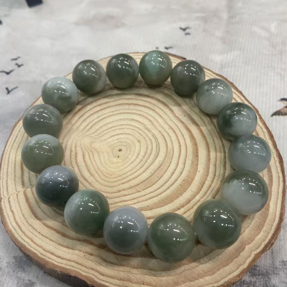 缅甸翡翠a货，半山半水圆珠单圈男士时尚百搭手串卡13  捡漏