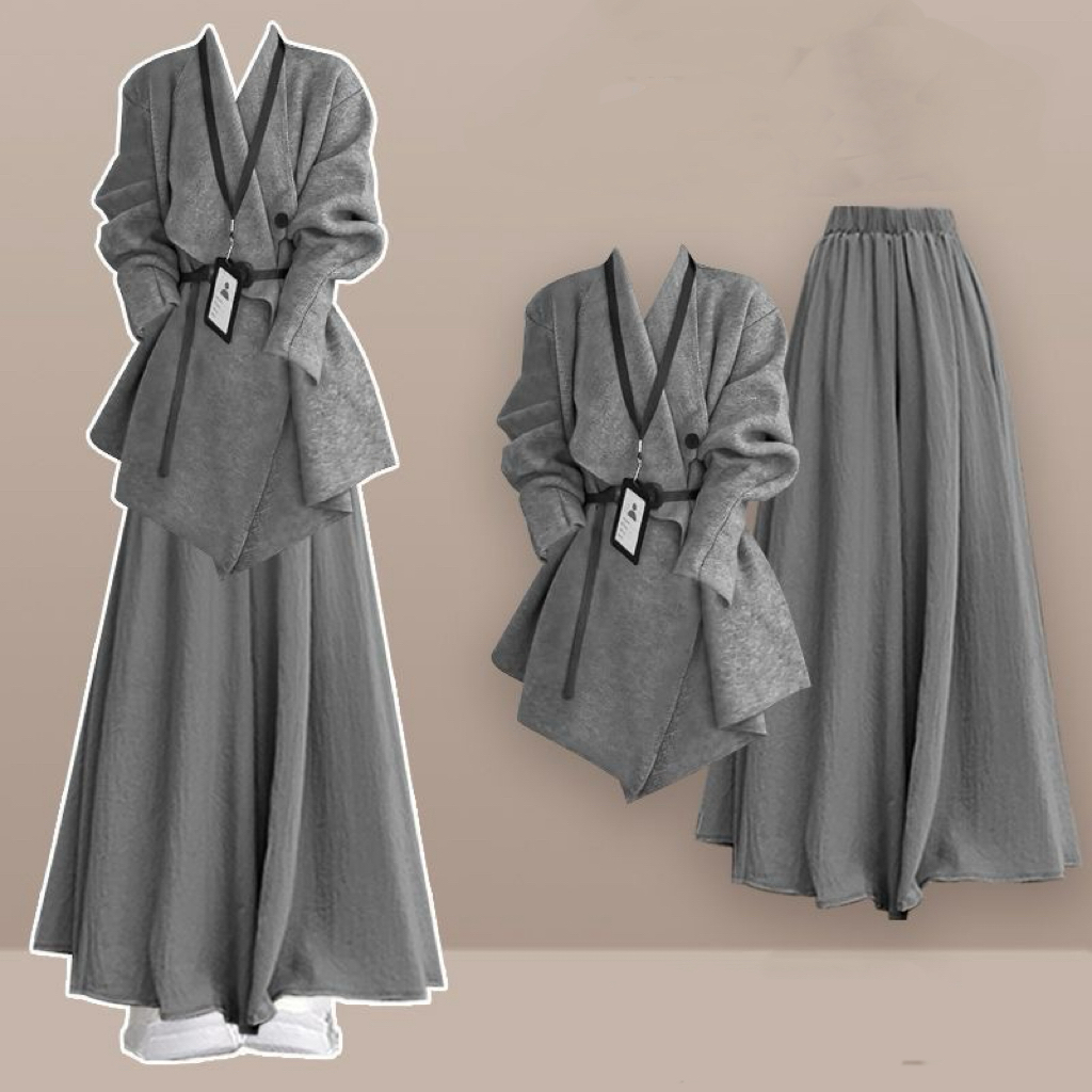 大码胖MM秋冬韩系老钱风灰色外套搭配灰色阔腿裤裙两件套通勤百搭