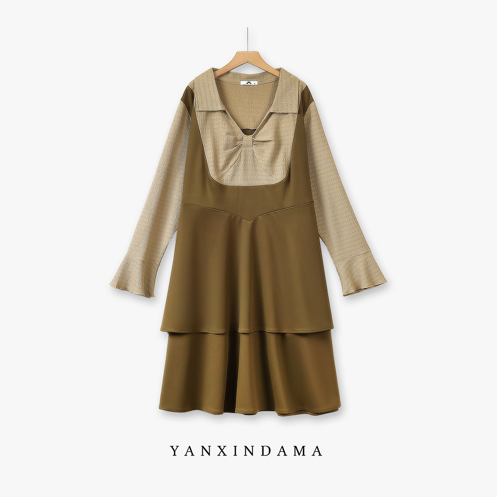 【岩心】大码女装300斤胖MM韩式学院风拼接假两件设计感连衣裙67086