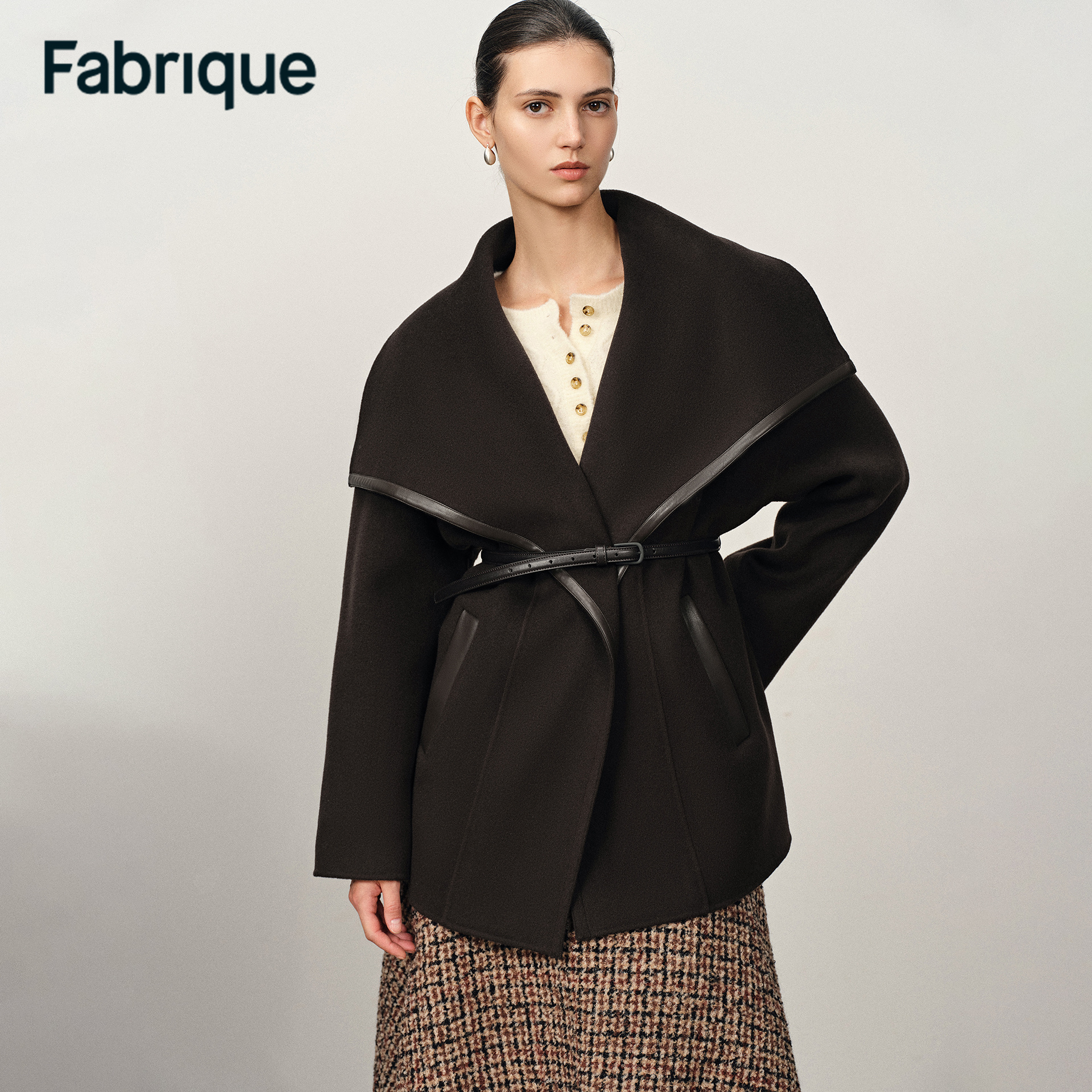 Fabrique Gallion 秋冬墨绿色绵羊毛双面呢配腰带大翻领短款大衣