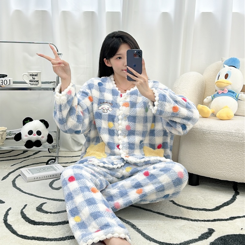女士睡衣秋冬季半边绒简约高级感加厚爱心少女冬天家居服套装外穿