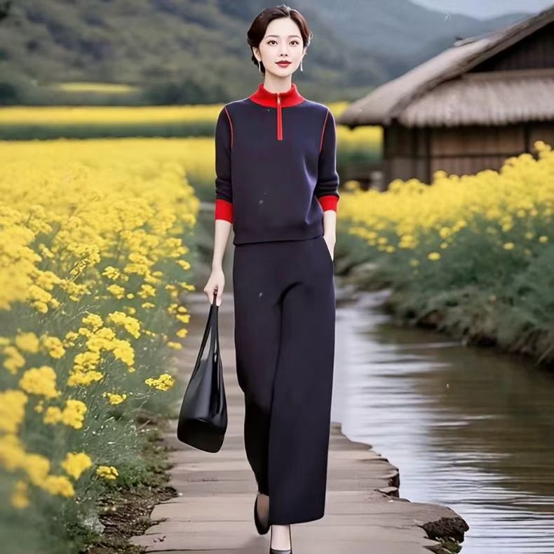 2025春秋新款设计感显瘦拼接立领上衣女气质洋气直筒休闲裤套装