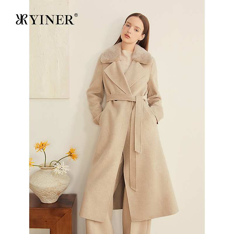 YINER音儿专选2025秋新款可拆卸水貂毛领羊毛羊绒混纺双面呢大衣