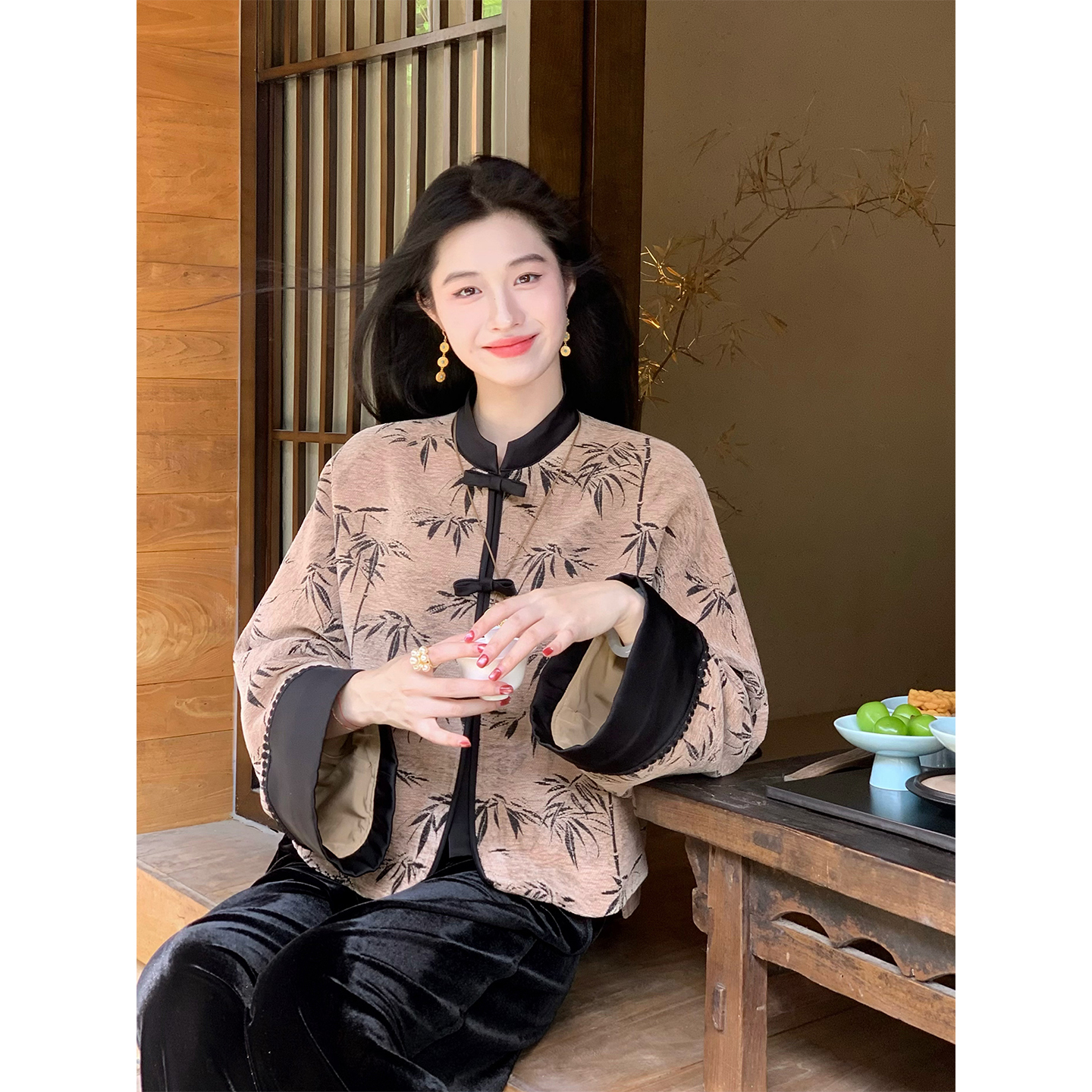 凌茜恣禾【竹影】国风新中式竹叶印花外套女短款宽松百搭复古上衣女