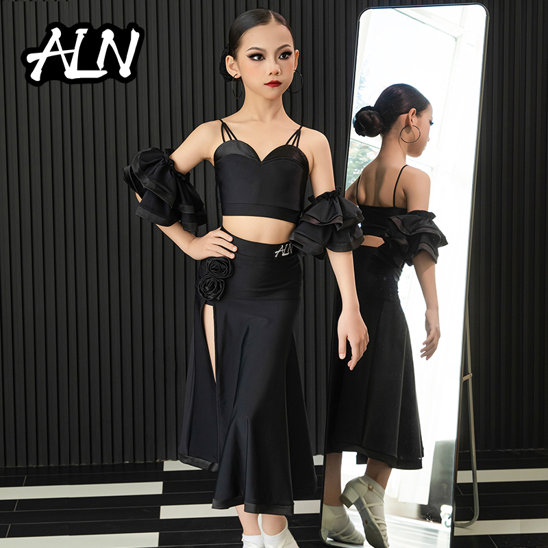 ALN拉丁舞服2025春夏新款女童吊带网纱摩登裙练功专业表演舞蹈服