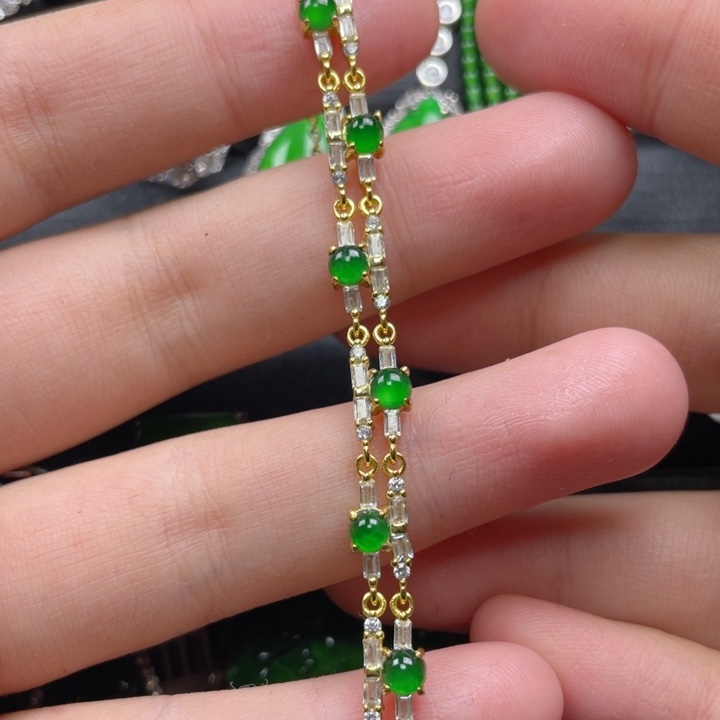 翡翠手链银S925镀金镶嵌手链