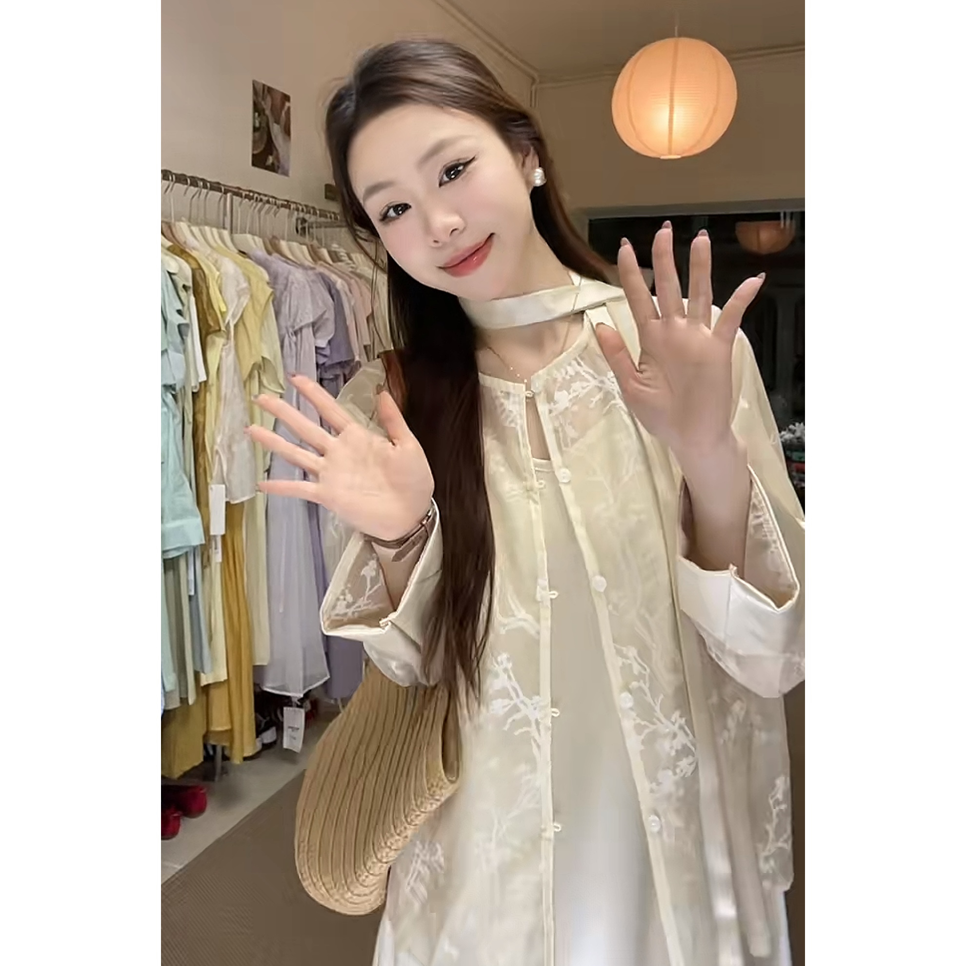 大倩【开衫新中式套装】薄款长袖开衫外套搭配缎面吊带连衣裙