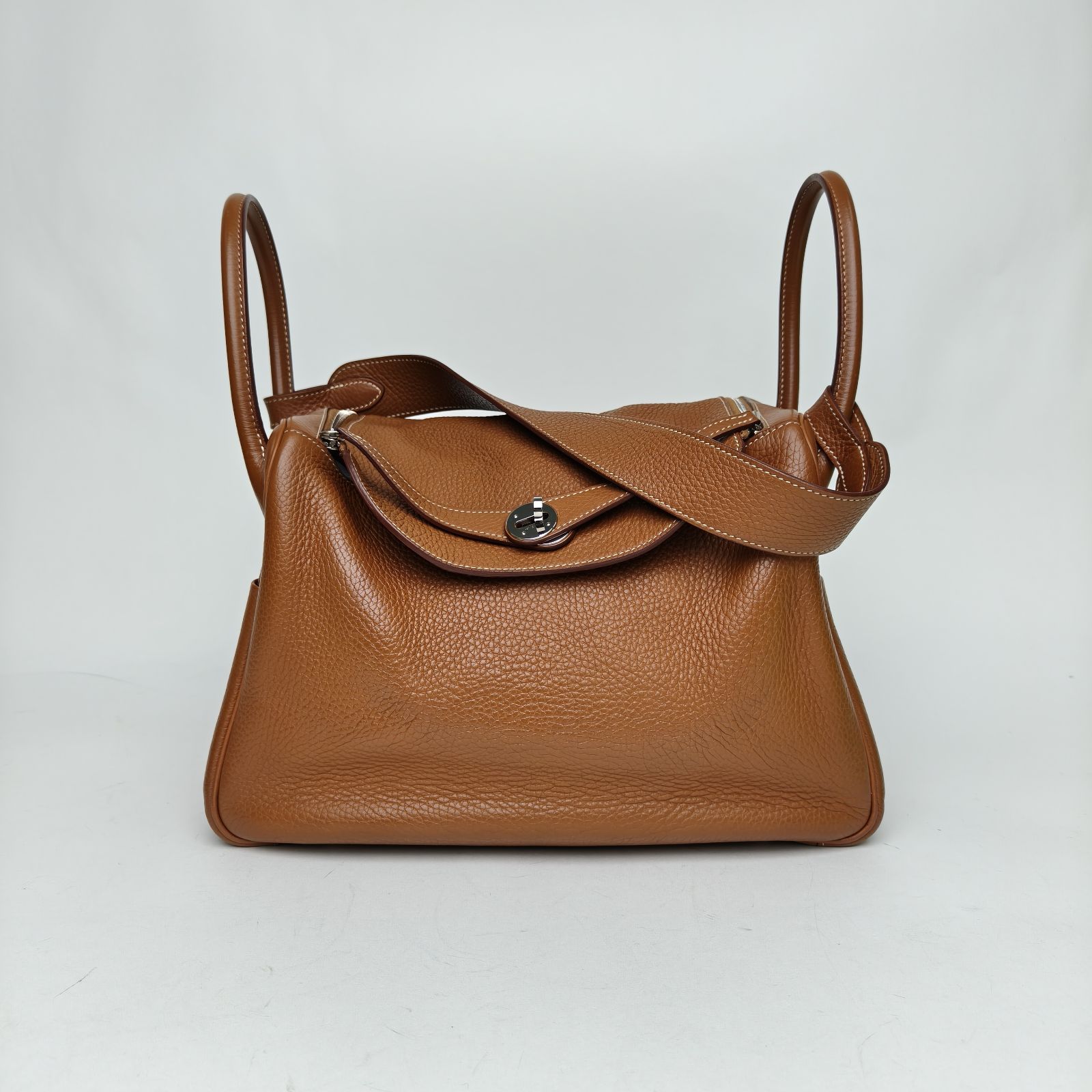 95新 Hermes/爱马仕 小花6欢 Lindy 34 金棕色 框Q 银扣手提包