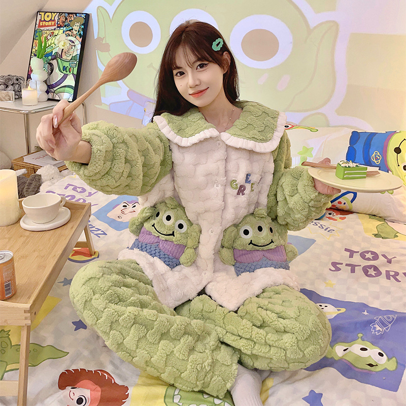 提花绒睡衣女秋冬季珊瑚绒长袖长裤加绒超厚睡衣女款爆款2025新款