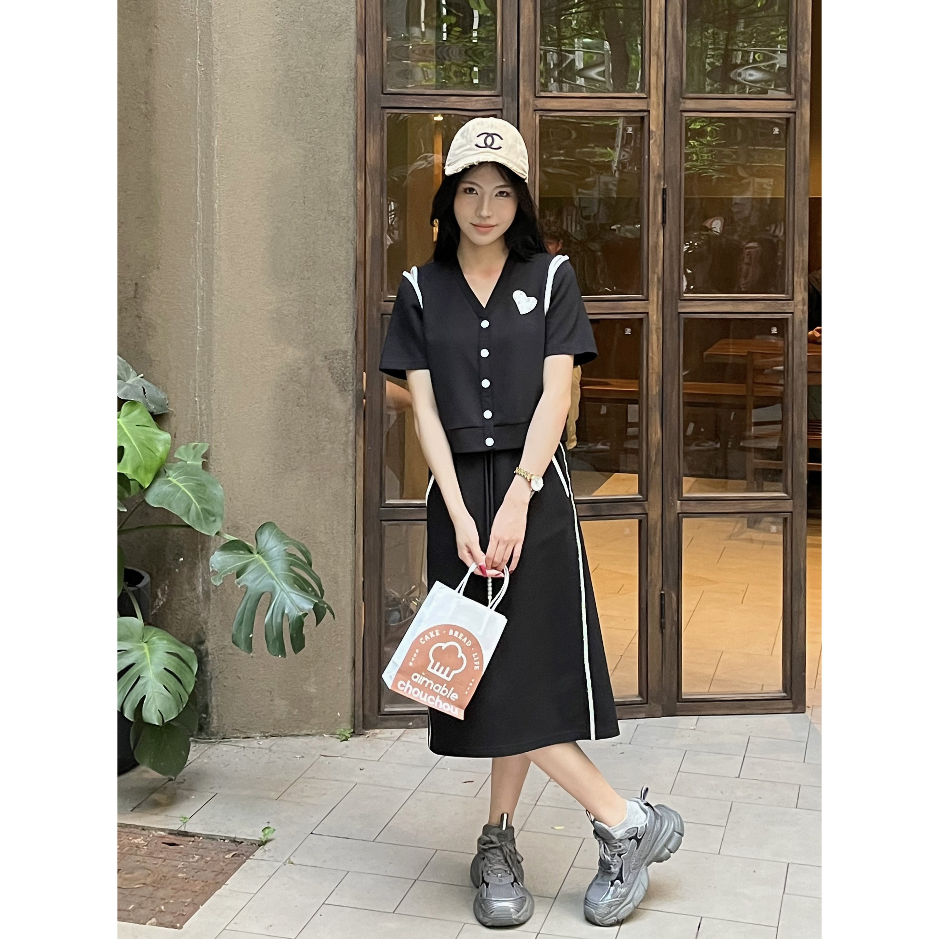 【香香专属】夏季减龄带钻拼色半裙T恤开衫套裙2件套85028-1