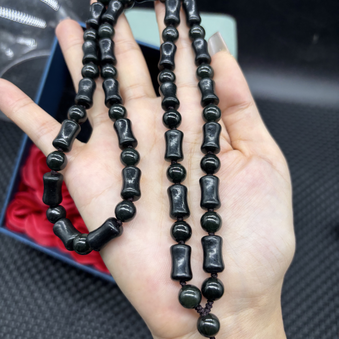 福利天然和田玉塔青玉黑青竹节8mm玉石挂件绳毛衣链珠链时尚百搭