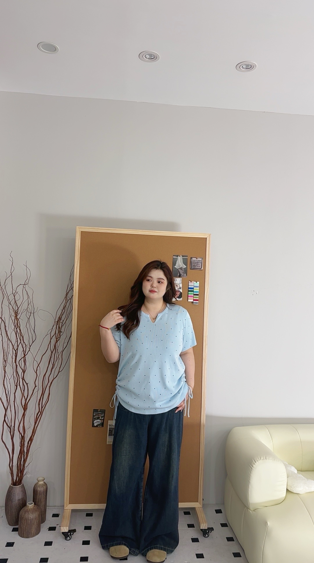 小众设计感波点半开领针织短袖夏季大码抽绳减龄高级感遮肉上衣女