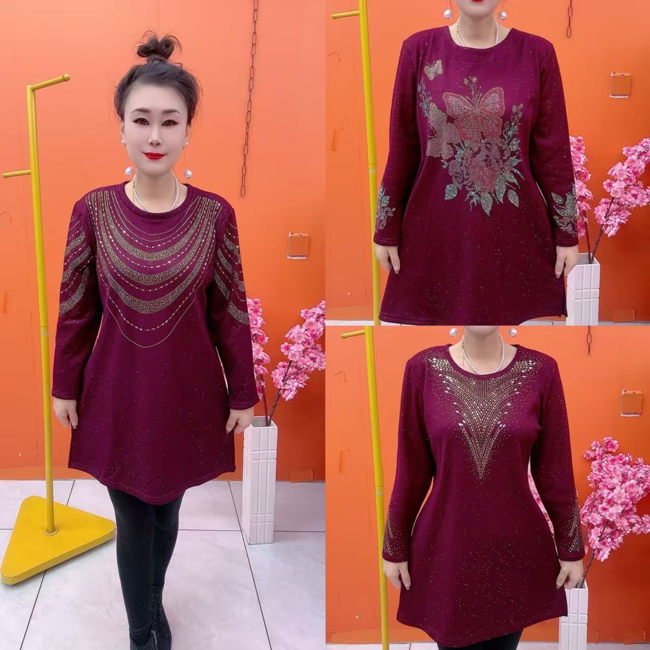 秋冬加绒弹力大版衫宽松显瘦中老年妈妈圆领长袖百搭上衣