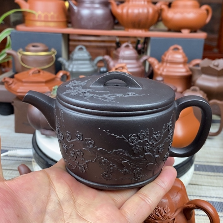 紫砂茶壶汉瓦260cc原生矿黑料手工堆绘