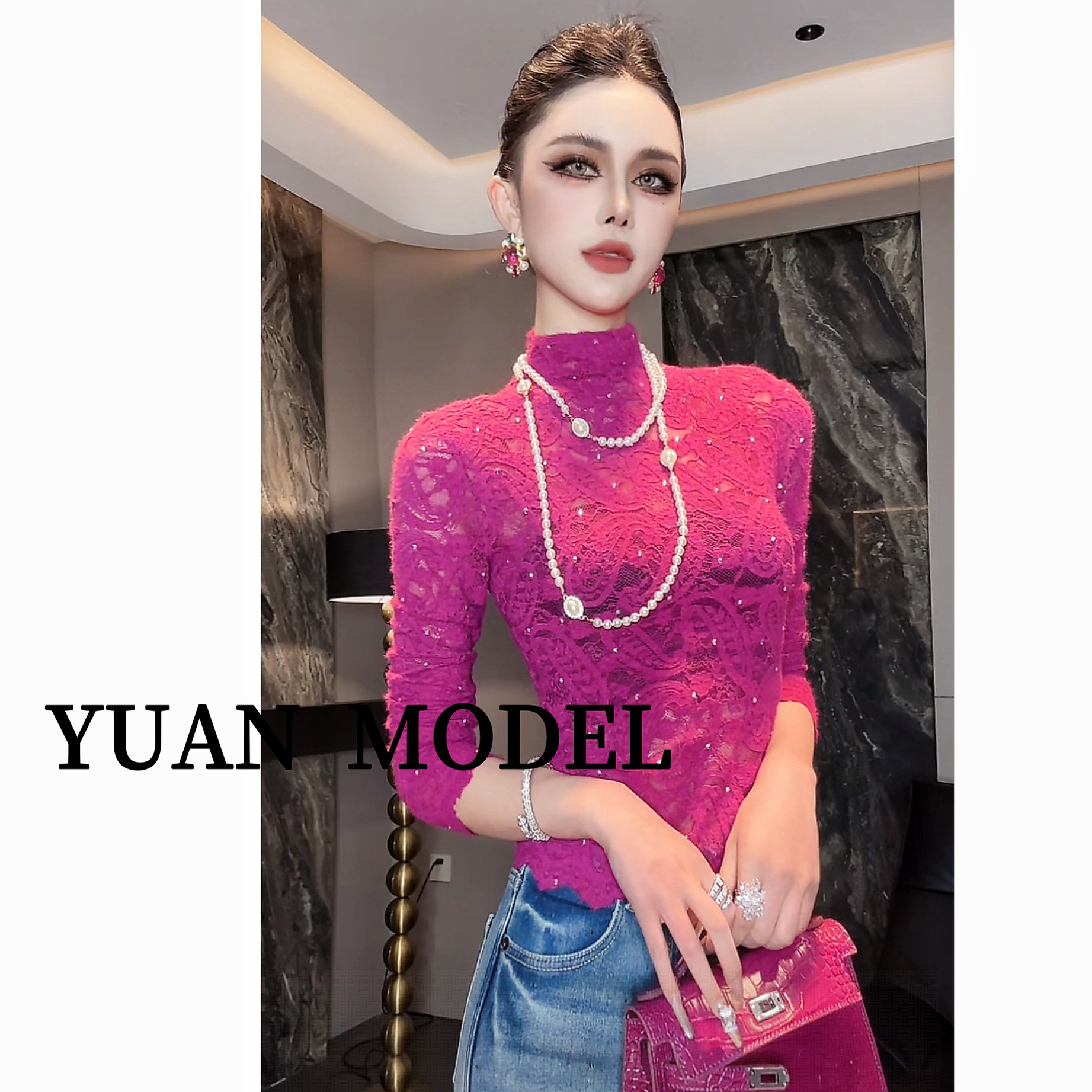 YUAN MODEL/媛老板-时装立领蕾丝烫钻气质长袖T恤打底上衣121669