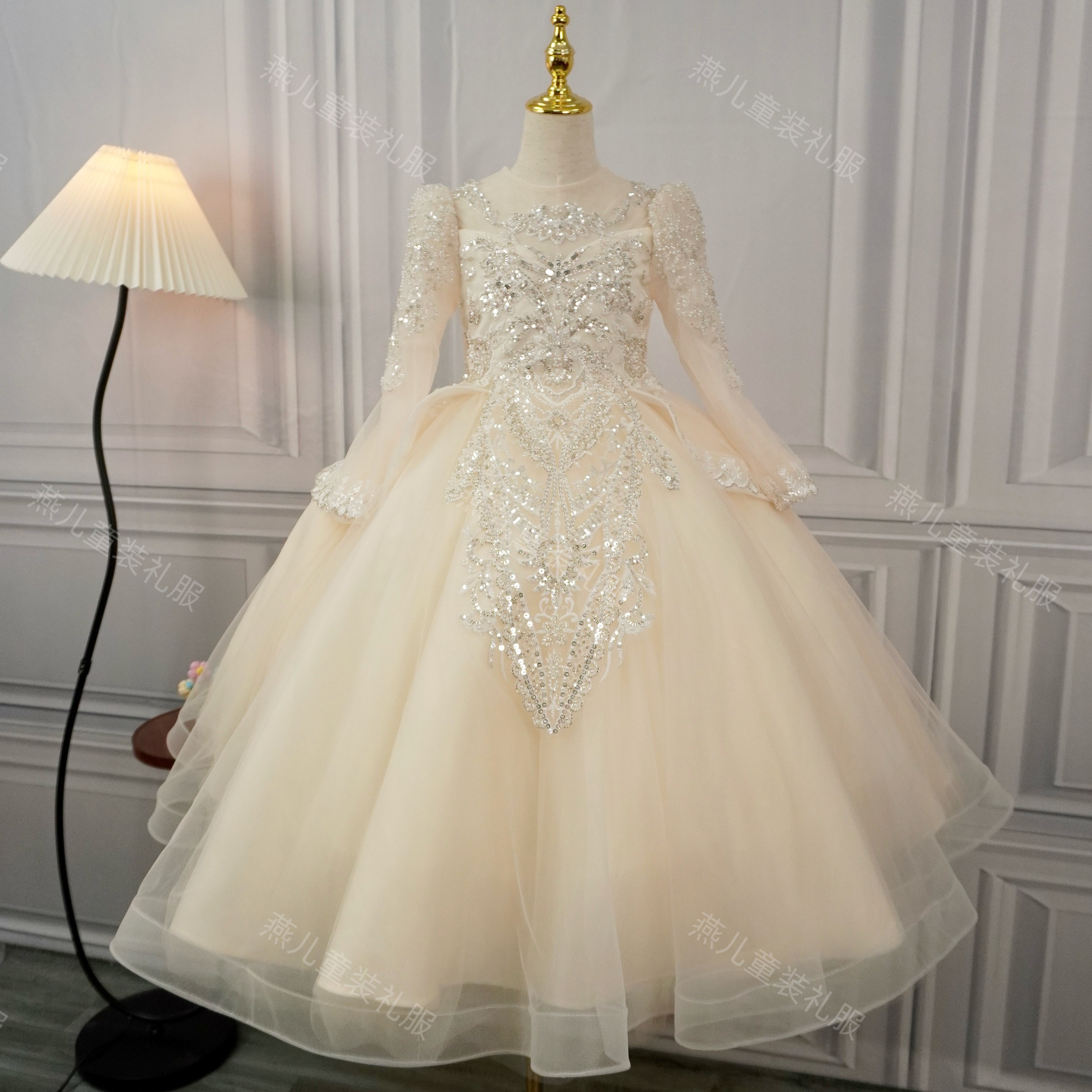 女童礼服长袖轻奢小众高端花童公主裙儿童主持生日女孩钢琴演出服