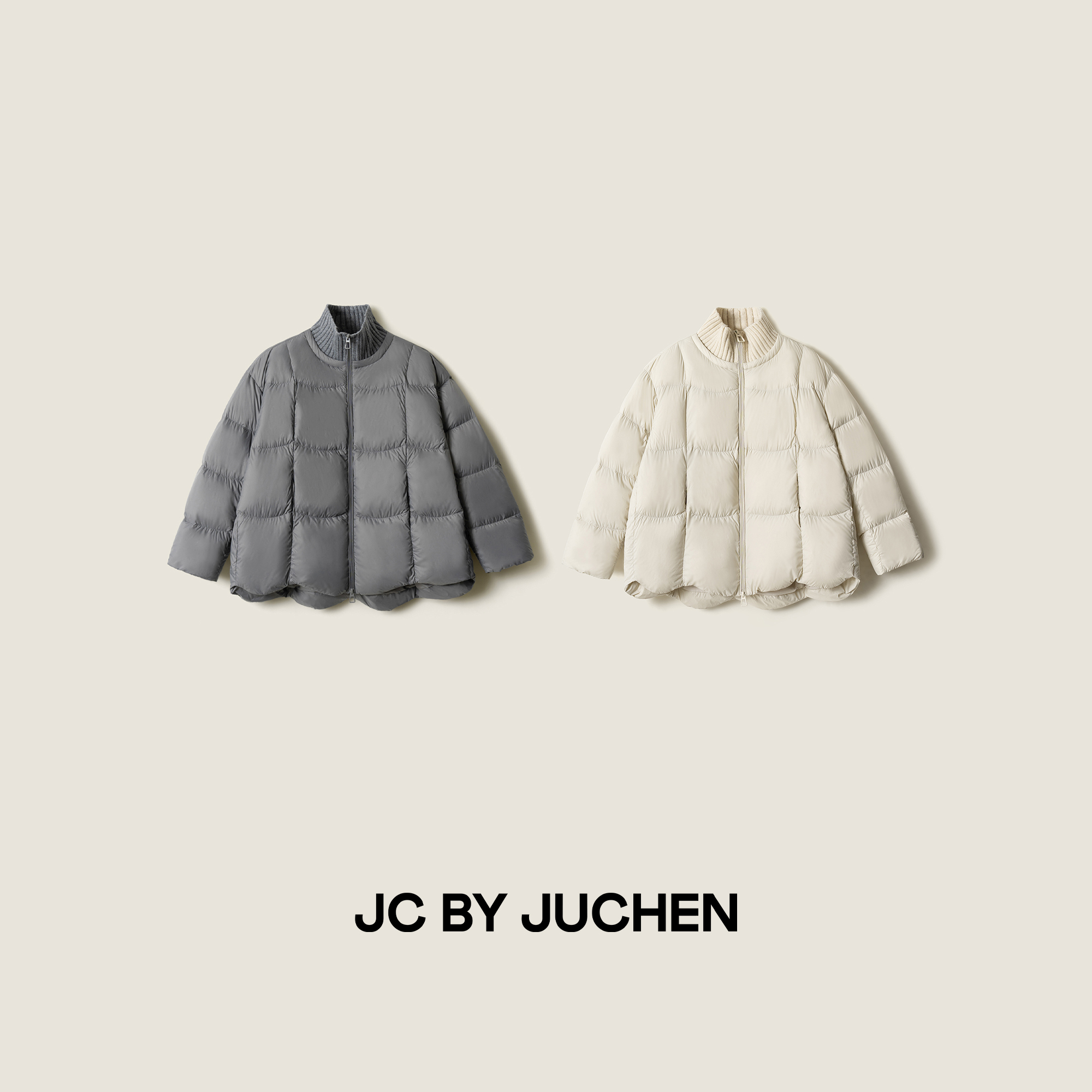 “冬域暖廓”分割大绗格针织立领高蓬保暖90白鹅绒外套FW114005-185