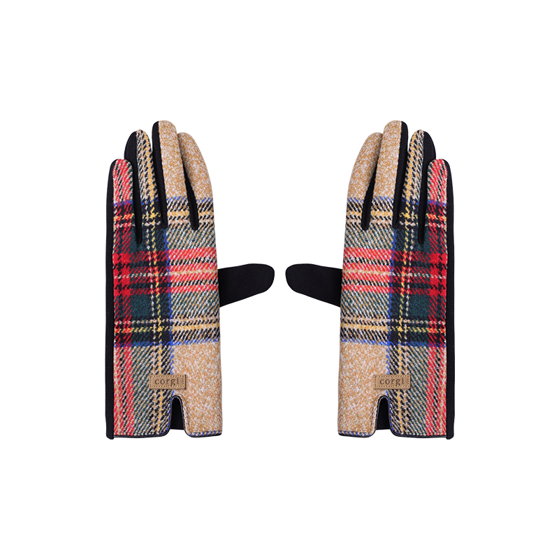 【奇居家居】驼色格子冬季保暖女款格子保暖可触屏五指手套#CRST03