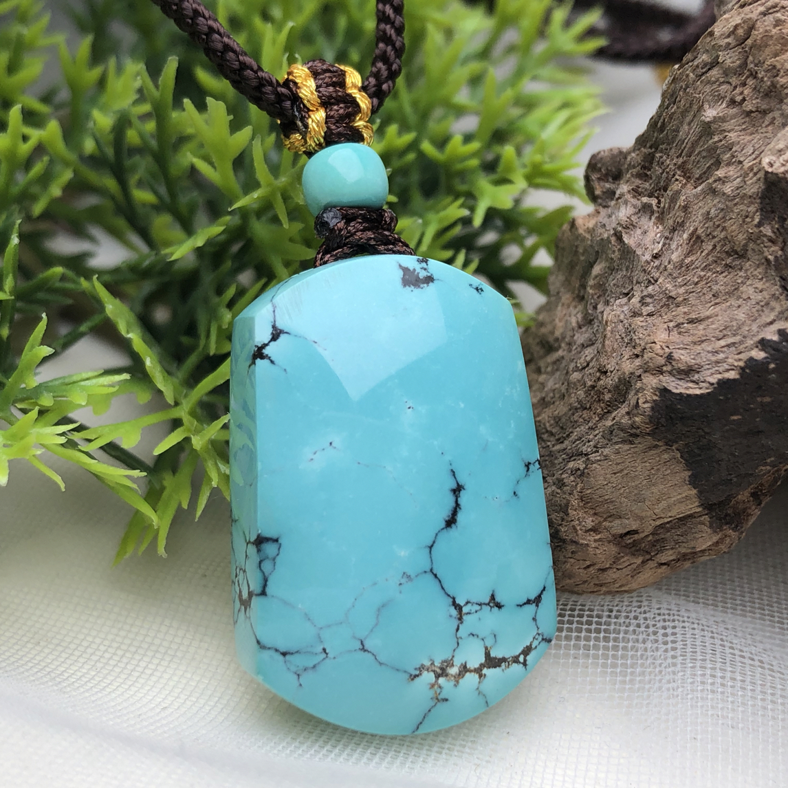 原矿绿松石，全品水草纹平安无事牌吊坠