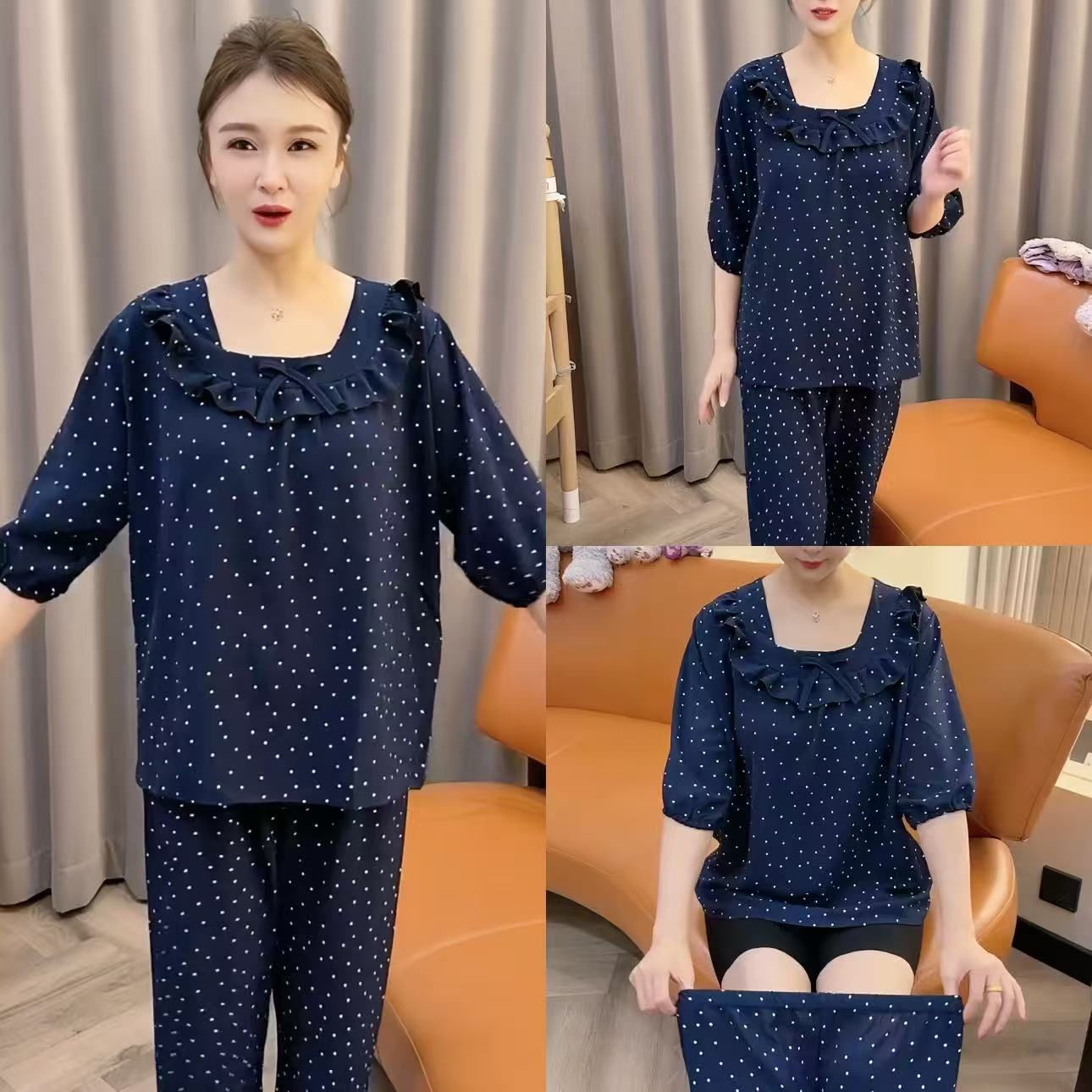 秋款大码时尚休闲家居服舒适圆领高级感纯色甜美风亲肤睡衣套装女