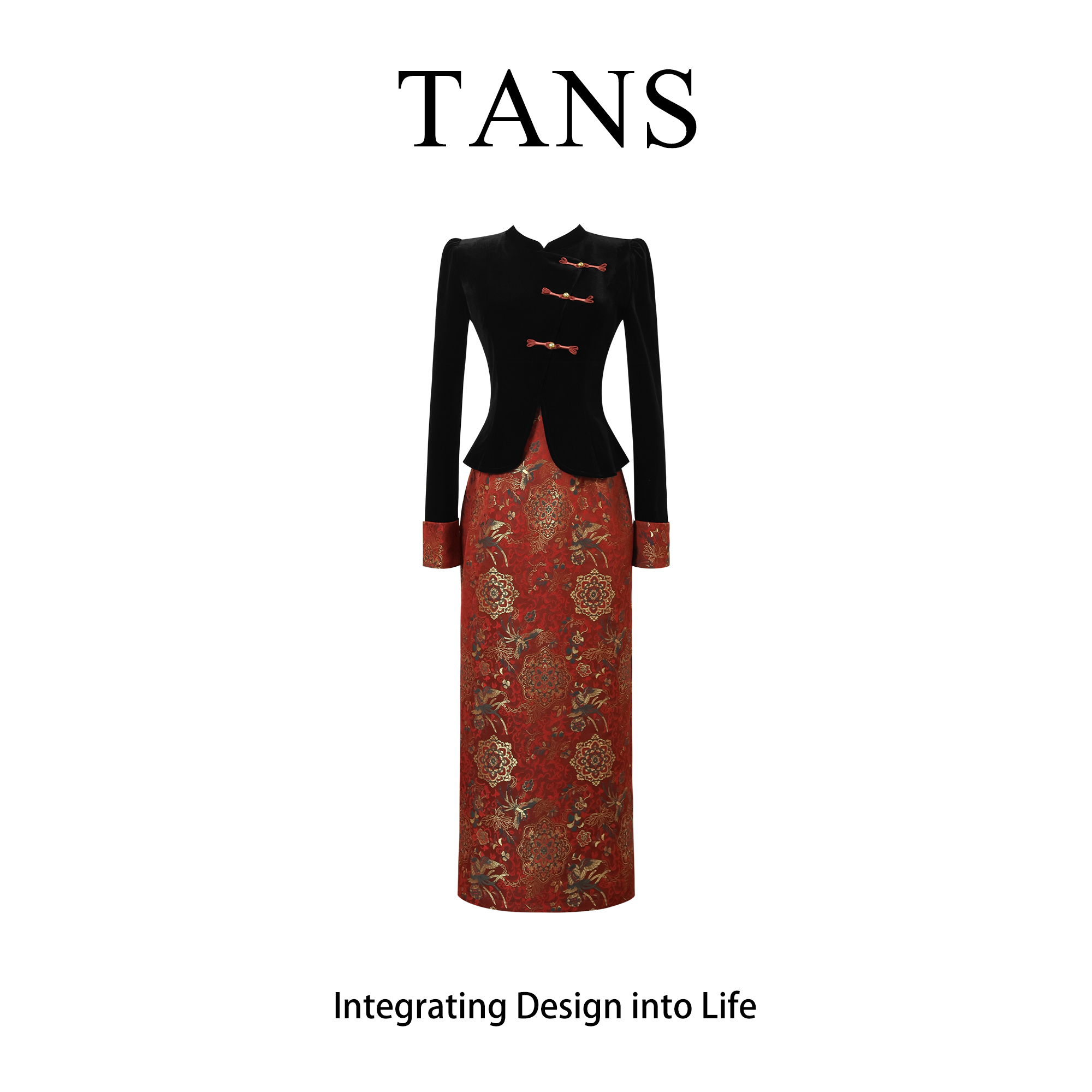 TANS【秋季新品】新中式国风改良版红色假两件修身显廋连衣裙