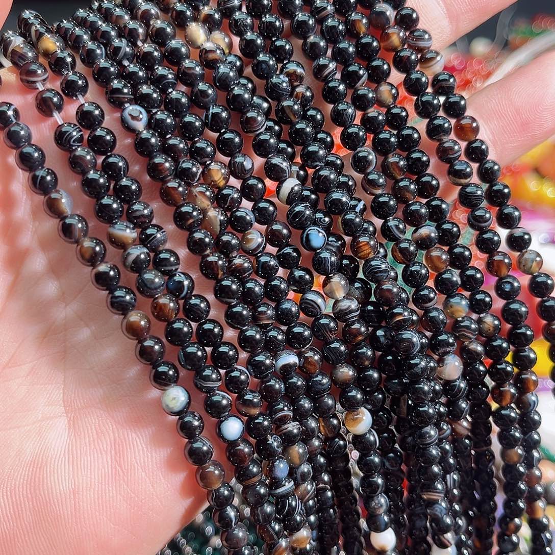 玛瑙/玉髓未镶嵌珠宝半成品黑玛瑙5mm两条