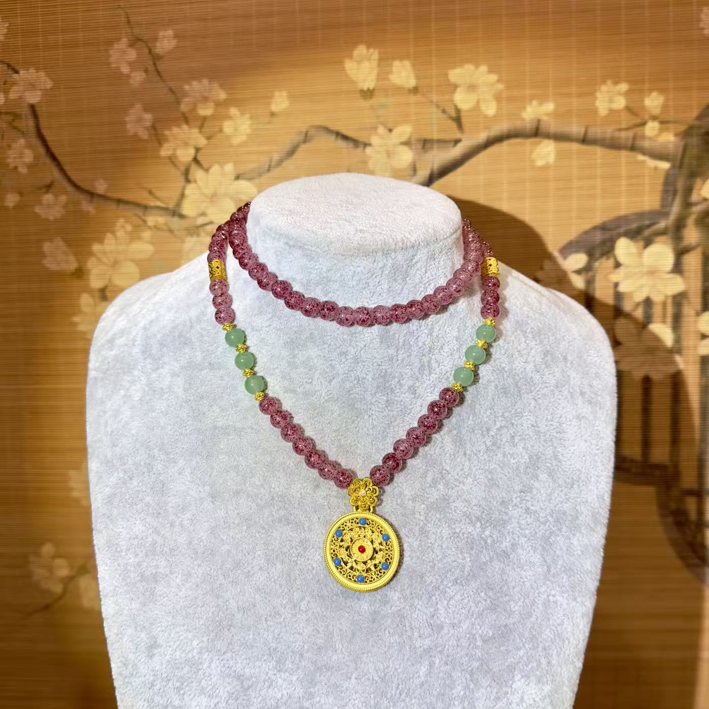 DL-1316-草莓色晶五福圆满项链