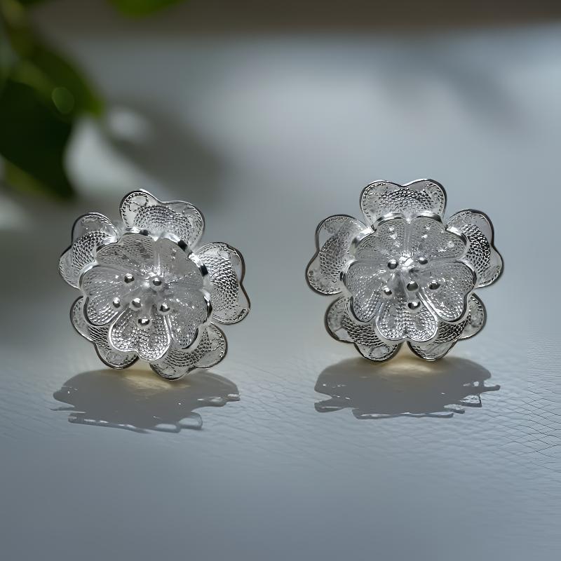 足银耳饰 黔韵银绣足银山茶花耳钉轻奢女款新款爆款高级感正品