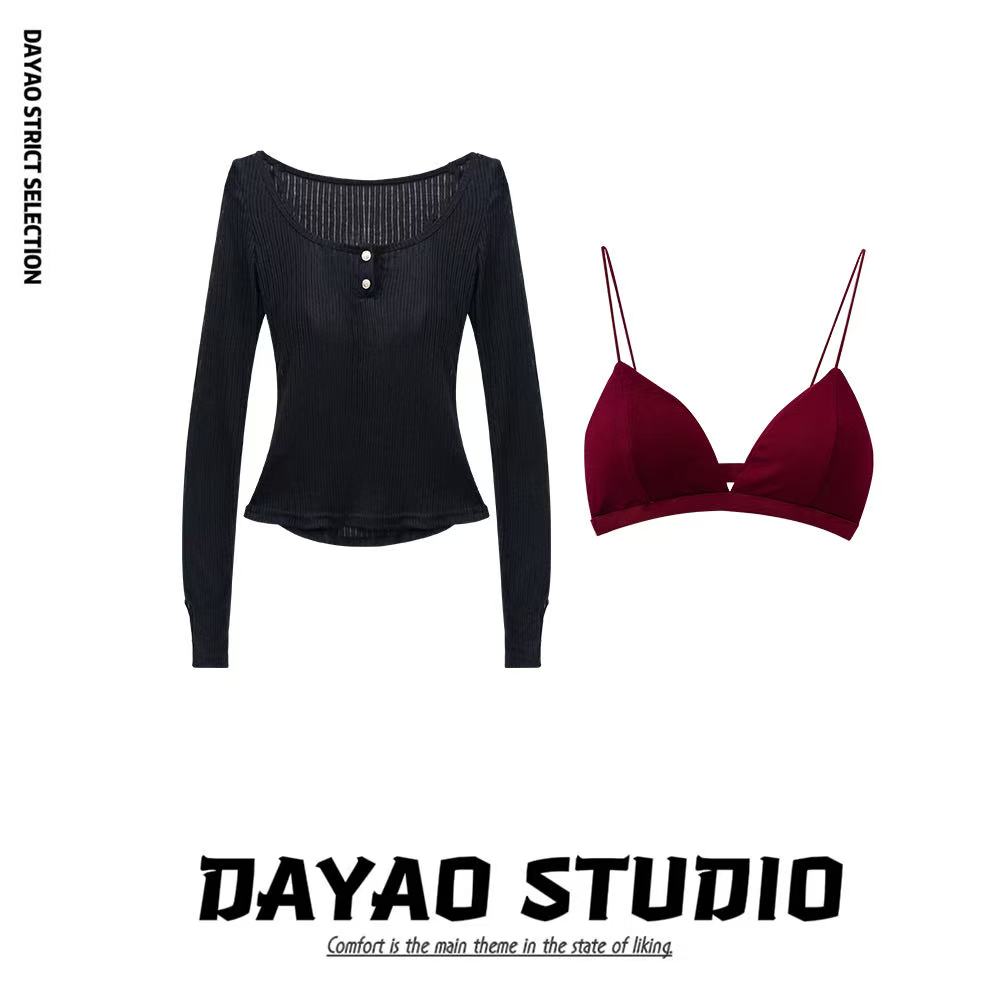 【no退no换】【清欲少女】美式辣妹u领长袖T恤女上衣两件套25065