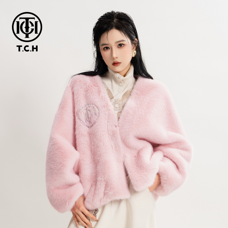 TCH（温暖过冬）千金风百搭V领小香风毛毛外套T75D05E1001私服tch